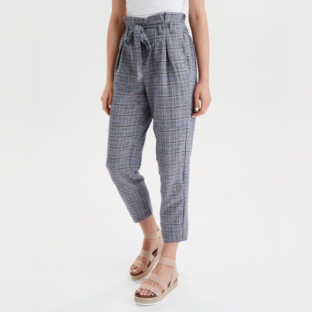 American Eagle AE High-Waisted Paperbag Tapered Plad Pant XS